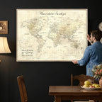 Personalized Beige Modern Push Pin World Map Wall Art, Honeymoon and Anniversary Gift, Bedroom and Study Decor