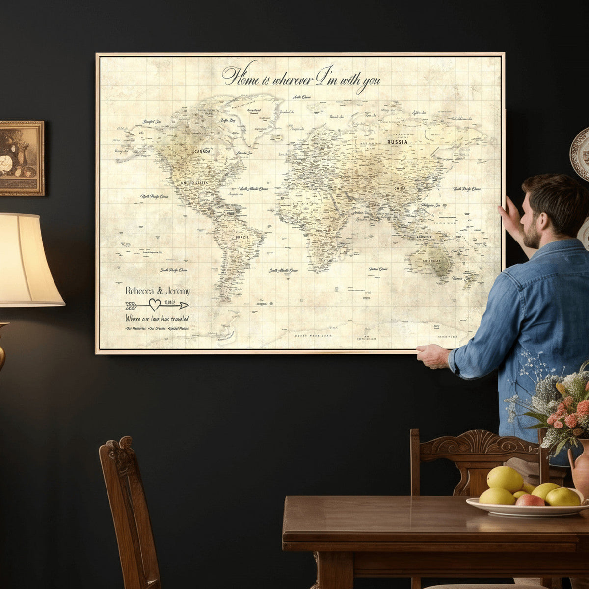 Personalized Beige Modern Push Pin World Map Wall Art, Honeymoon and Anniversary Gift, Bedroom and Study Decor