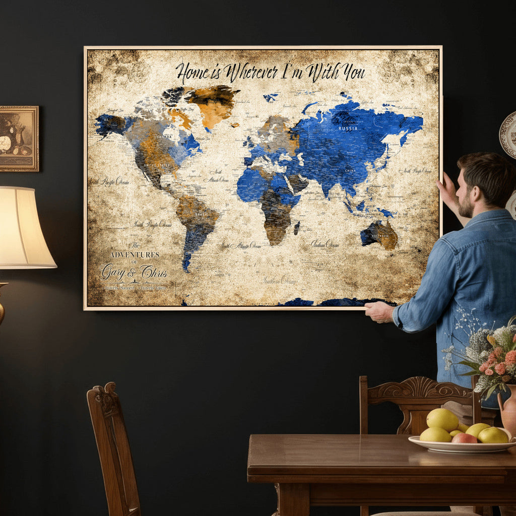 Personalized Framed Beige World Map Canvas with Push Pins, Honeymoon and Anniversary Gift, Living Room and Home Office Decor