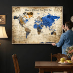 Personalized Framed Beige World Map Canvas with Push Pins, Honeymoon and Anniversary Gift, Living Room and Home Office Decor