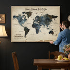 Personalized Framed Black Modern Push Pin Travel Map Canvas Print, Family Travel Tracker, Home Office and Entryway Decor