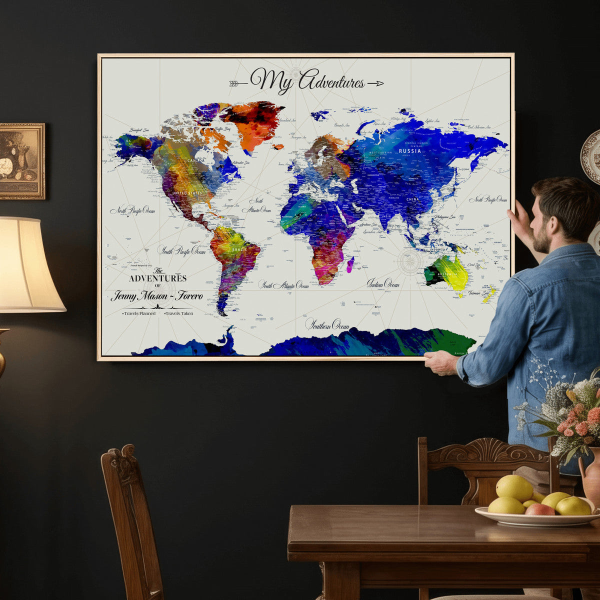Detailed Custom Framed Beige Modern World Map Canvas with Push Pins, Honeymoon and Anniversary Gift, Dining Room and Home Office Decor