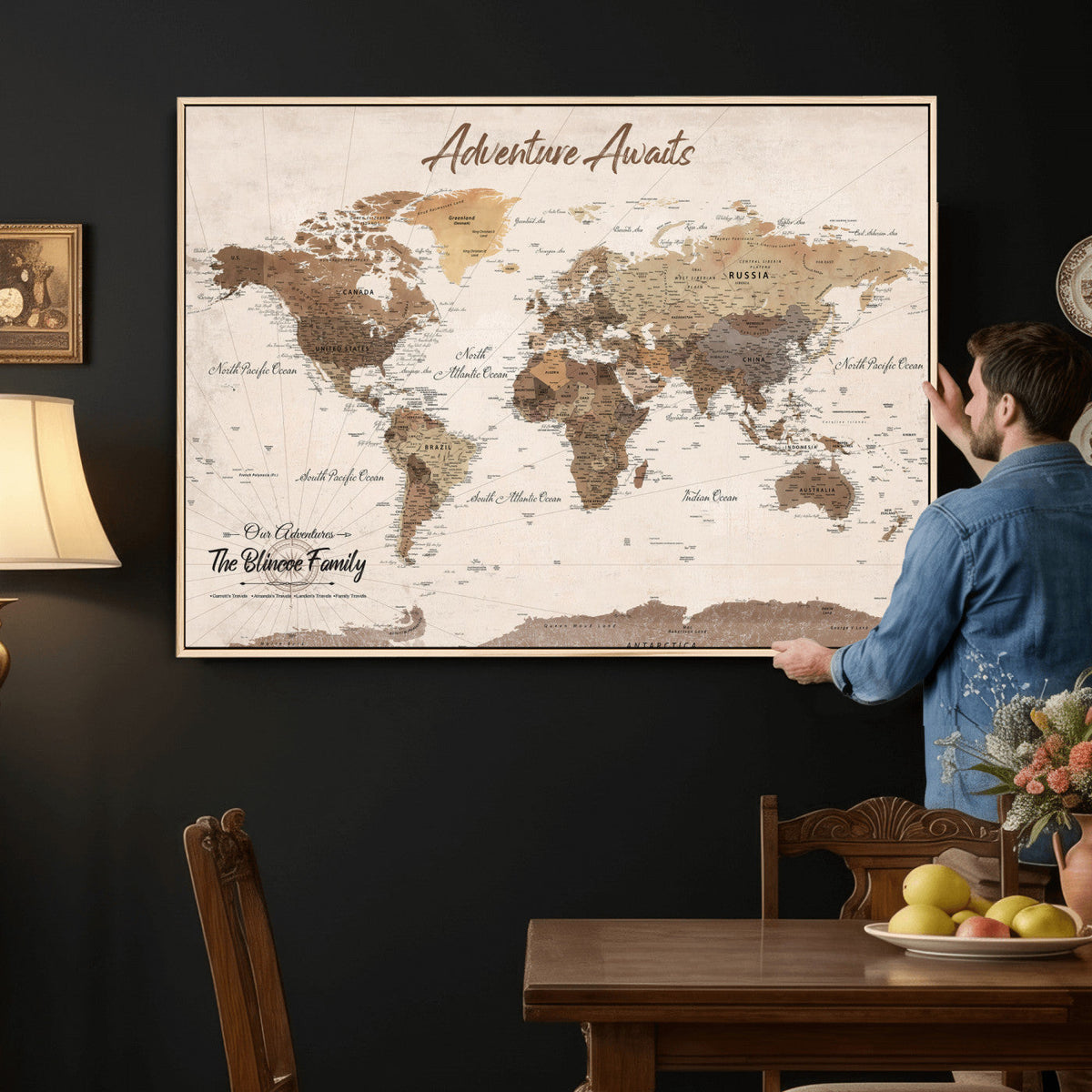 Personalized Framed White Modern Push Pin Travel Map Canvas Print, Bucket List Map, Dining Room and Study Decor