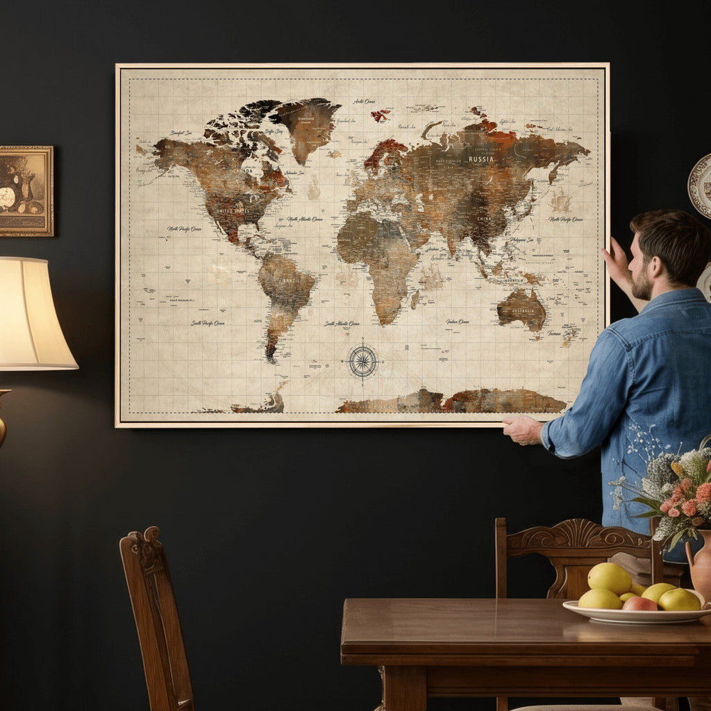 Vintage World Map Wall Art Canvas Print for Living Room, Office and Study