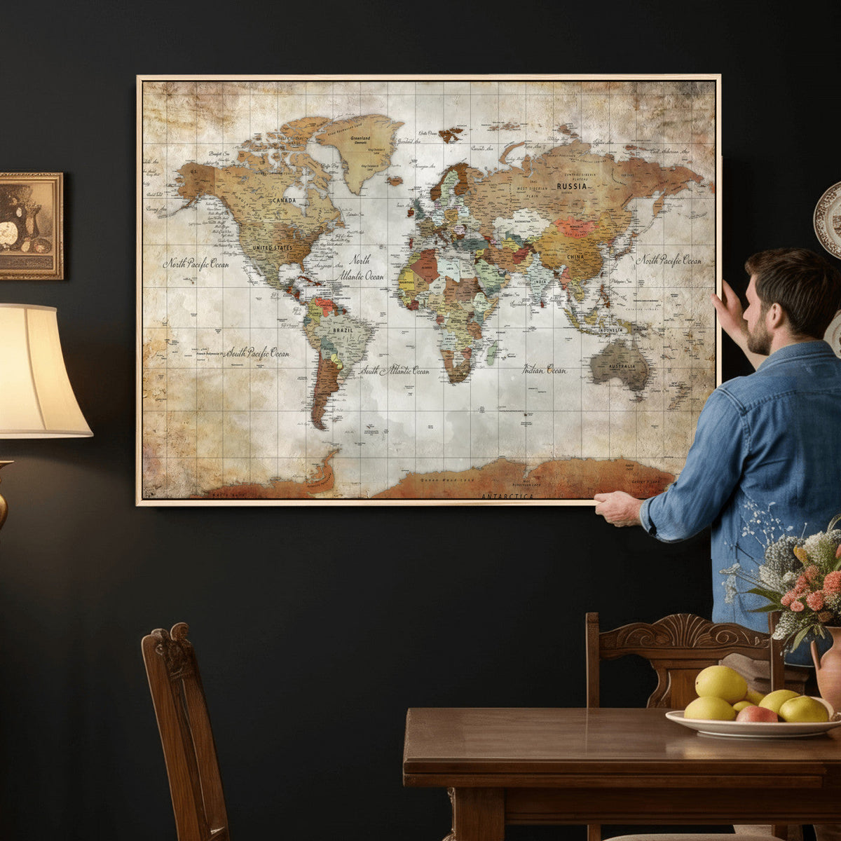 Custom Framed Modern Push Pin World Map Wall Art, Places Visited Tracker, Home Office and Entryway Decor