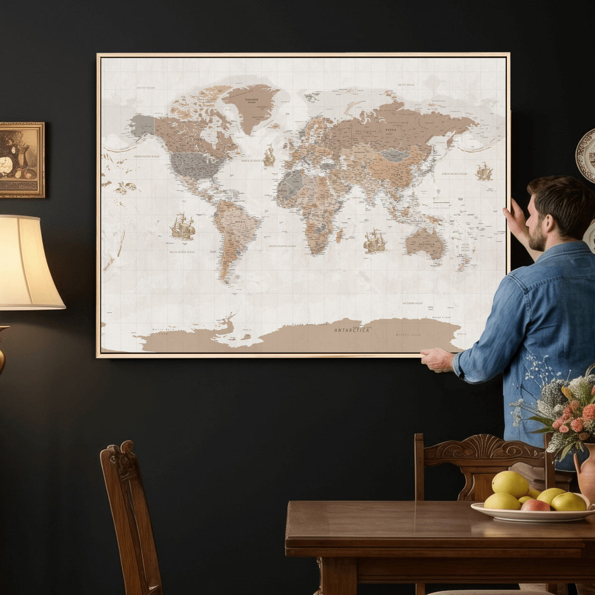 Framed Large World Map Canvas Print for Office Decor