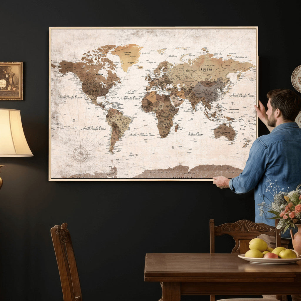 Modern World Map Canvas Print | Framed Travel Map Wall Art