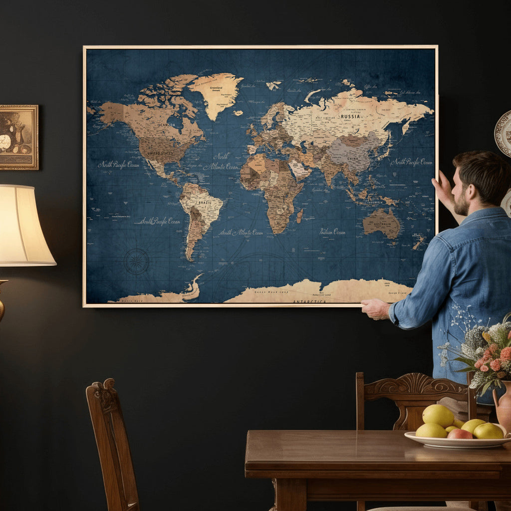 Navy Blue World Map Canvas Print | Framed Travel Map Wall Art