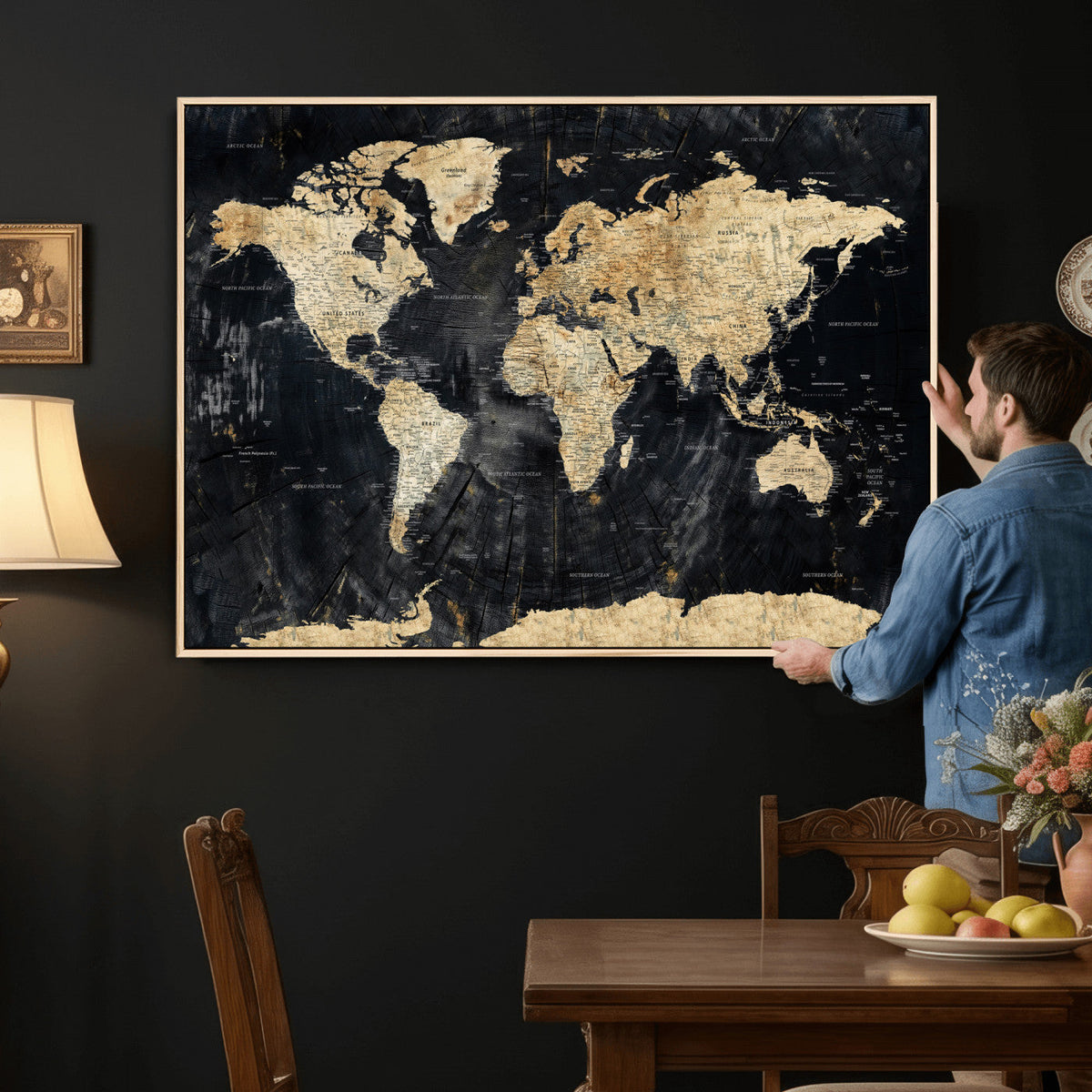 Framed Large World Map Wall Art Canvas Print for Living Room