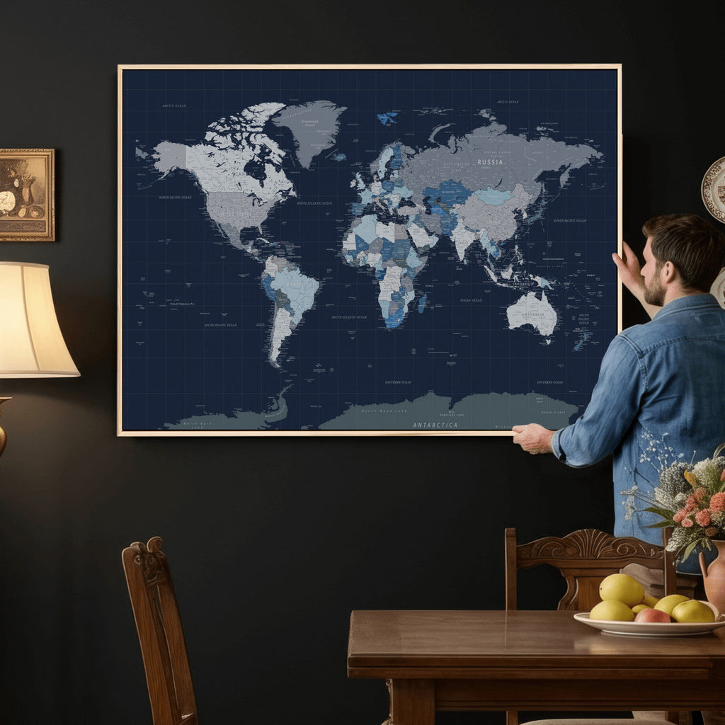Blue Detailed World Map Wall Art Canvas Print | Modern Framed Map
