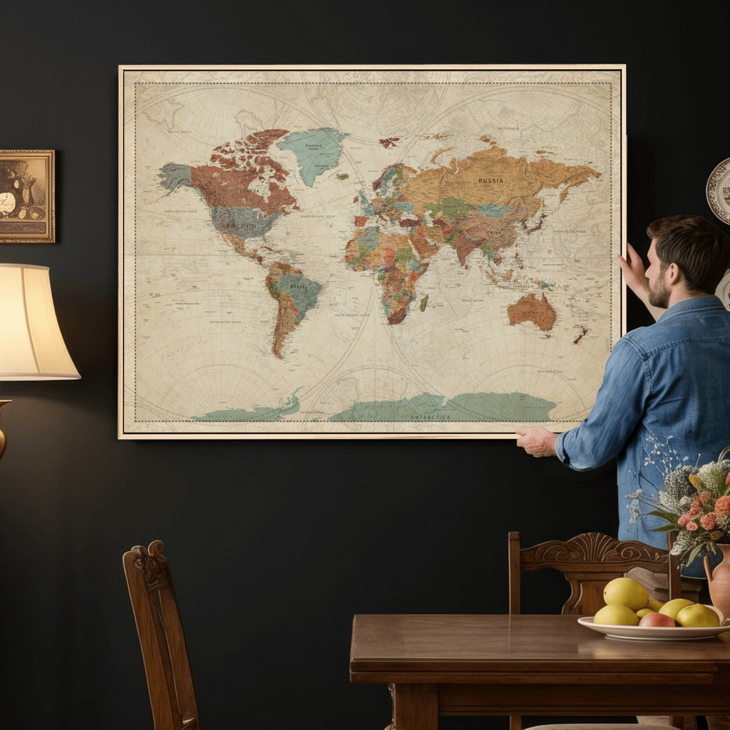 Vintage World Map Canvas Wall Art Print | Framed Modern World Map