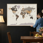 Custom Beige Modern Push Pin World Map Canvas Print, Places Visited Tracker, Bedroom and Study Decor