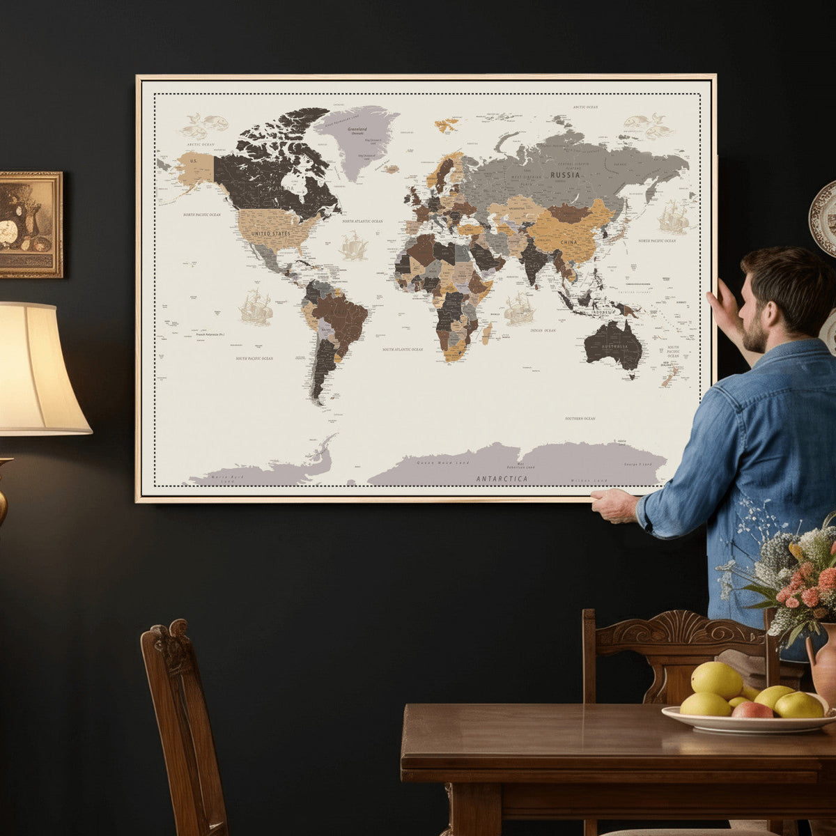 Custom Beige Modern Push Pin World Map Canvas Print, Places Visited Tracker, Bedroom and Study Decor