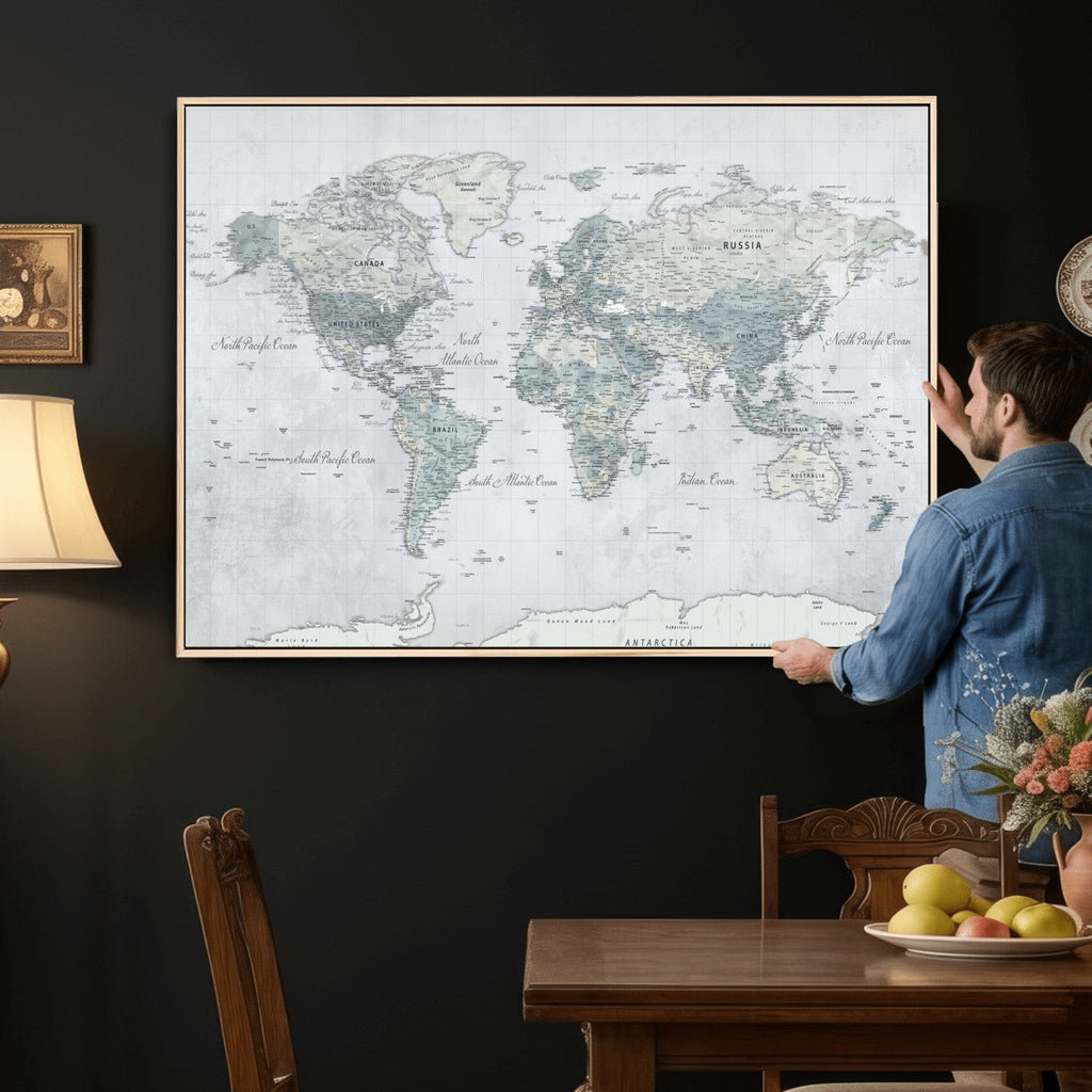 Push Pin World Map Canvas Print - Detailed Vintage World Map