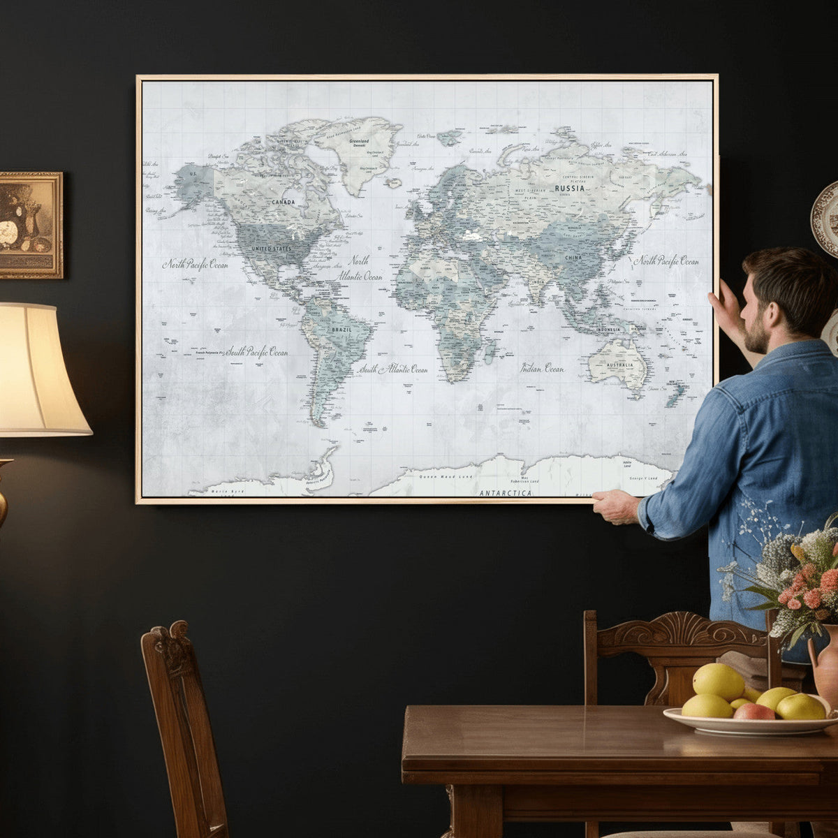 Push Pin World Map Canvas Print - Detailed Vintage World Map