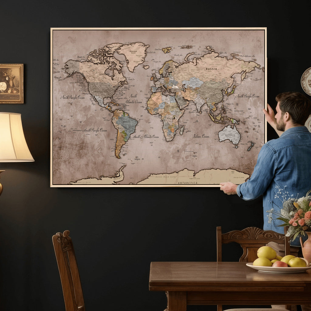 Grunge World Map Canvas Wall Art - Vintage Aged World Map with Golden Tones