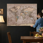 Grunge World Map Canvas Wall Art - Vintage Aged World Map with Golden Tones