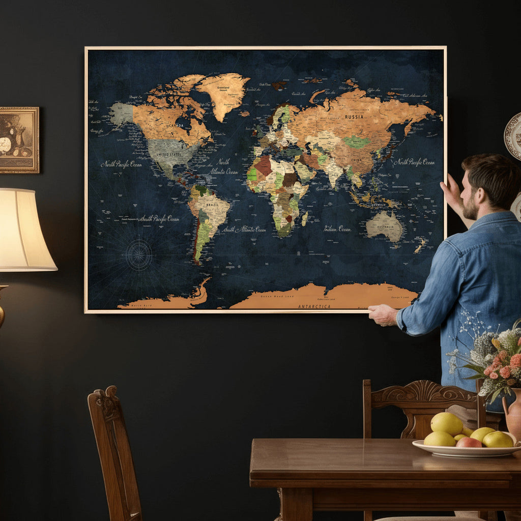 Vintage World Map Canvas Wall Art | Detailed Map with Countries, Oceans and Continents