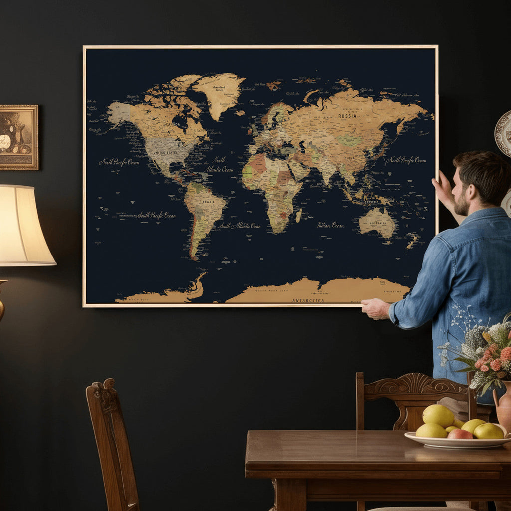 Vintage World Map Earth Globe Countries Oceans Continents