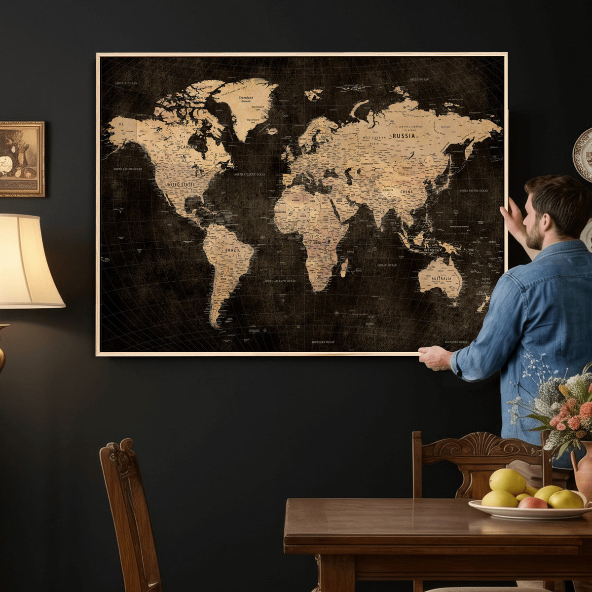 Brown World Map Canvas Print | Modern Travel Map Wall Art