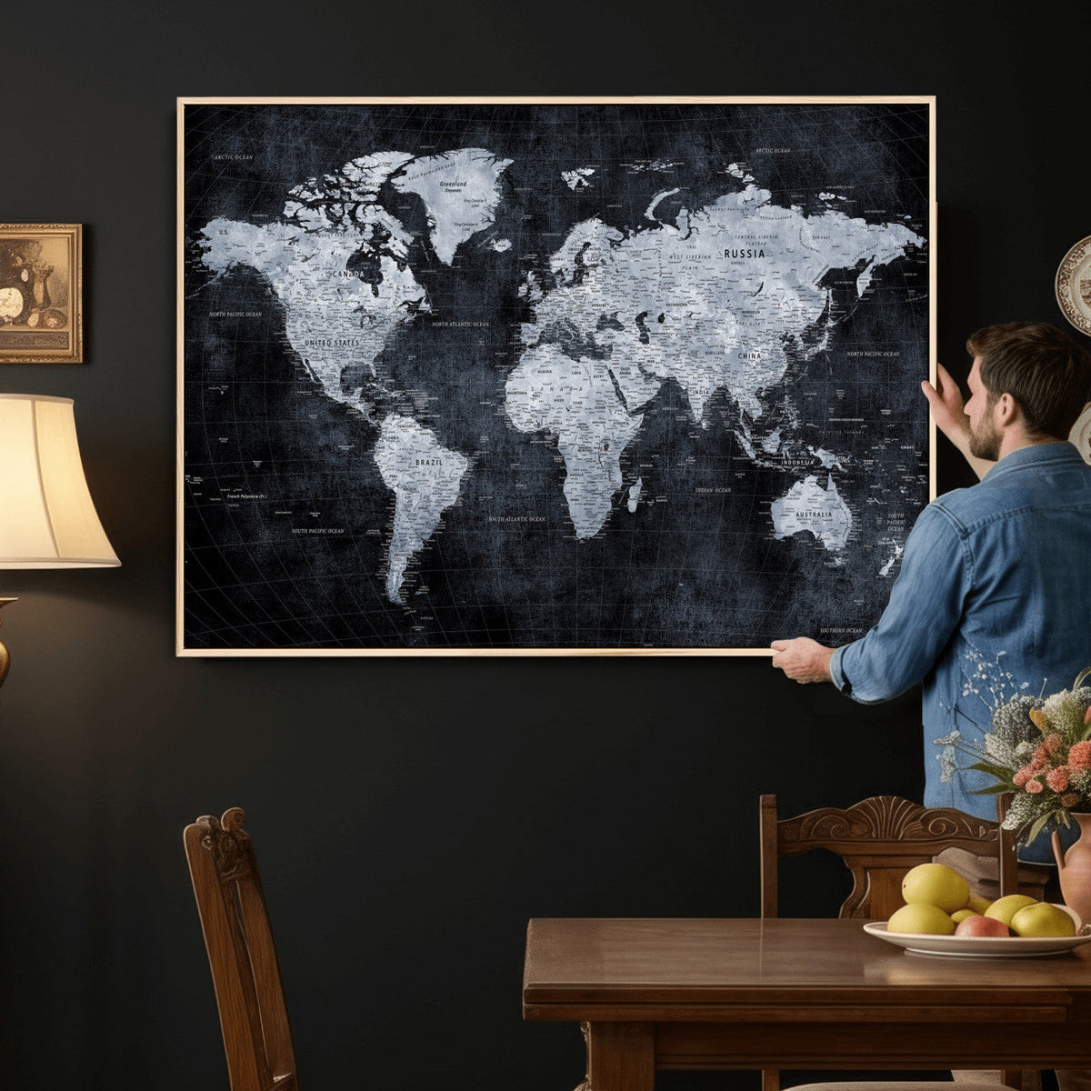 Black World Map Canvas Print | Detailed Map for Couples and Anniversary Gift