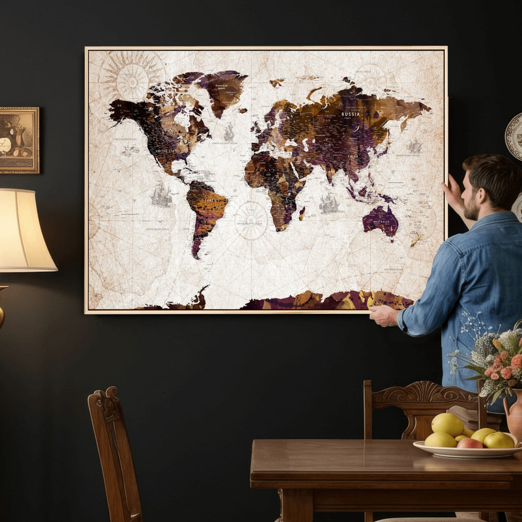 Blue Watercolor World Map Canvas Print | Framed Modern Wall Art