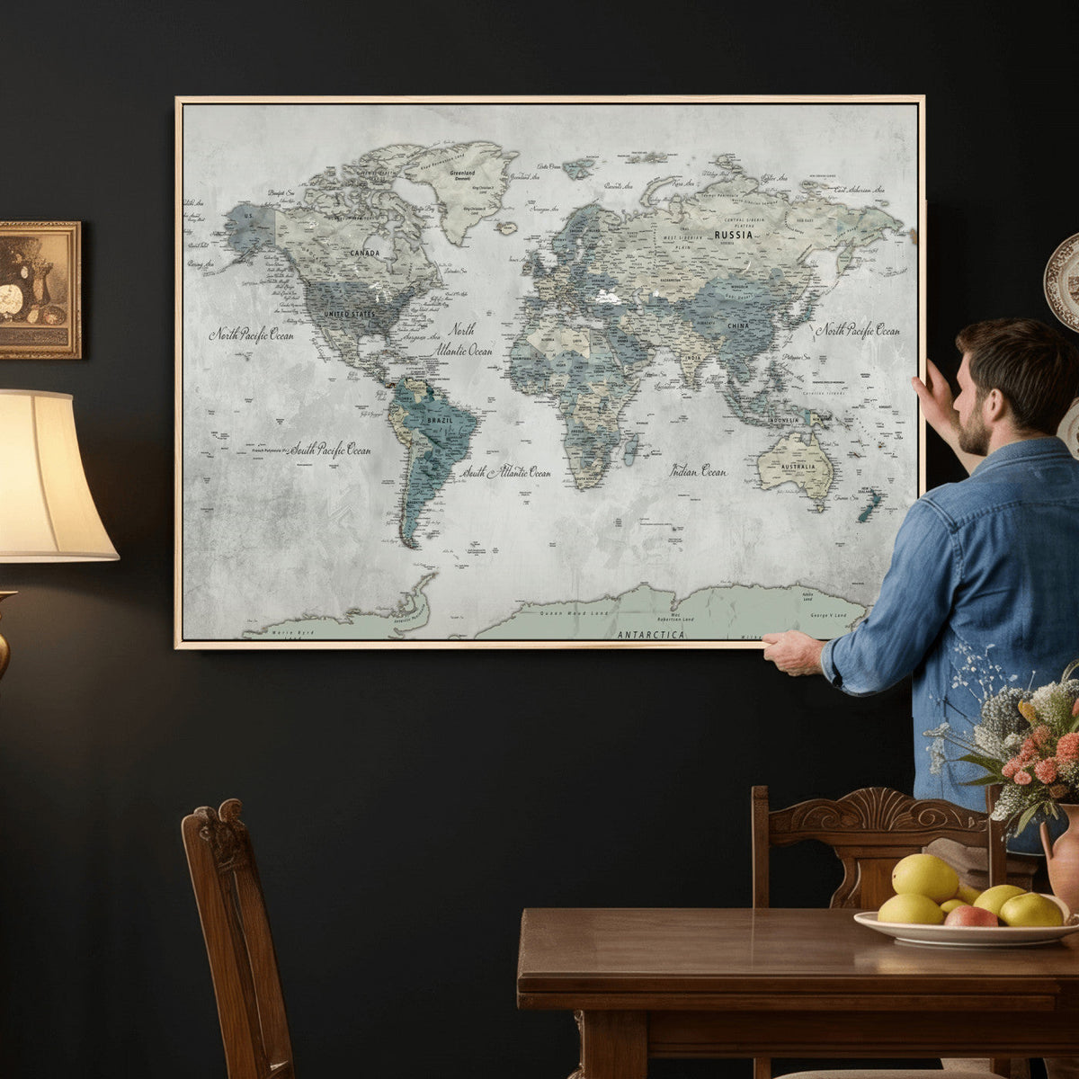 Neutral Vintage World Map Canvas Wall Art Print, Classic Map Artwork