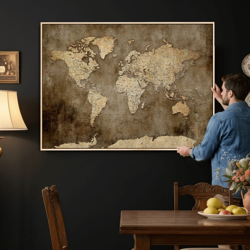 Dark Vintage World Map Canvas Wall Art Print, Antique Map Artwork