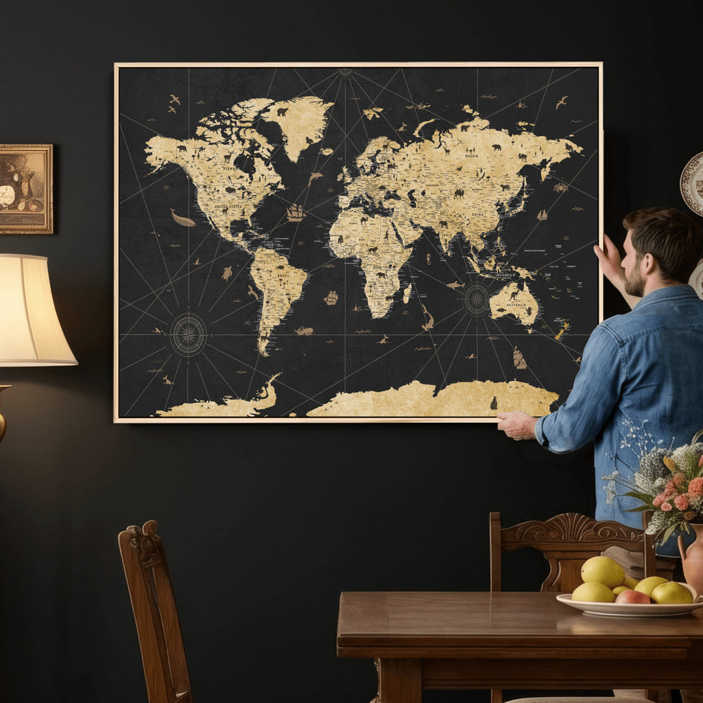 Vintage Blue and Brown World Map Canvas Wall Art | Framed Rustic Map Print