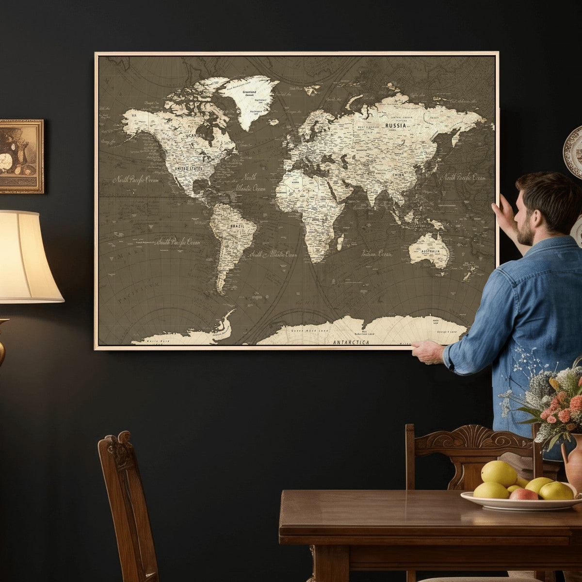 Vintage World Map Canvas Print | Framed Travel Map Wall Art for Couples