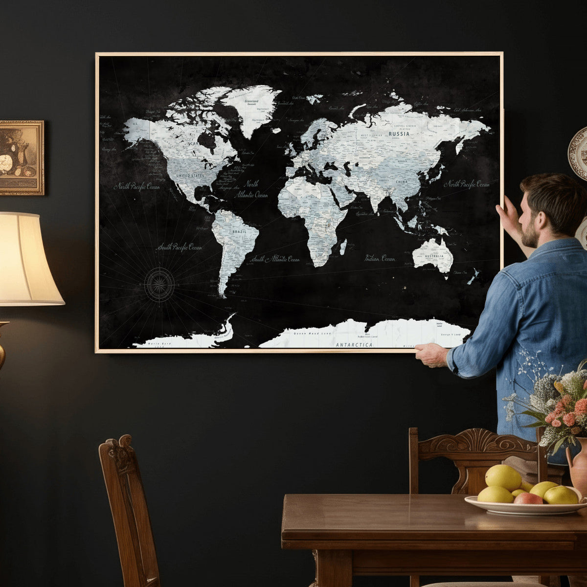 World Map Canvas Print | Framed Push Pin Wall Art, Color Splash Travel Map
