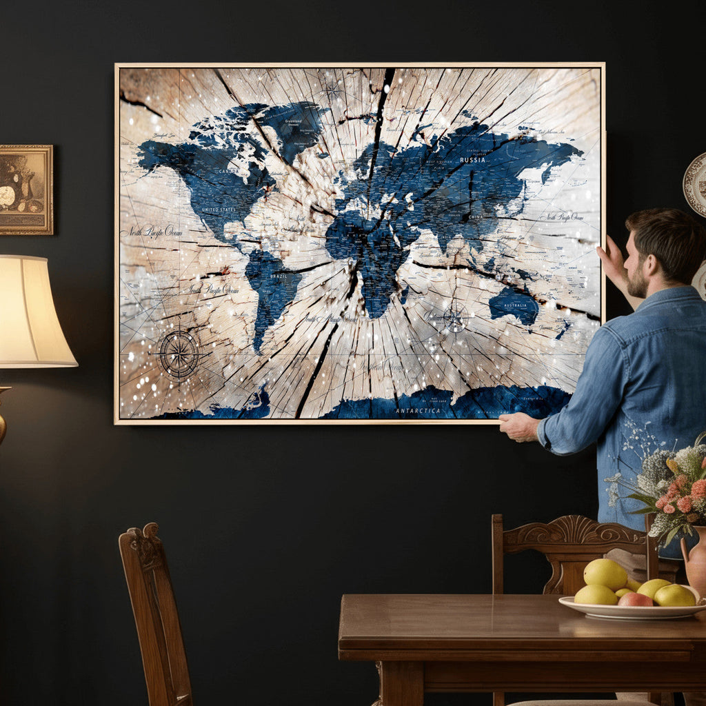 Rustic World Map Canvas Print | Framed Wall Art for Couples