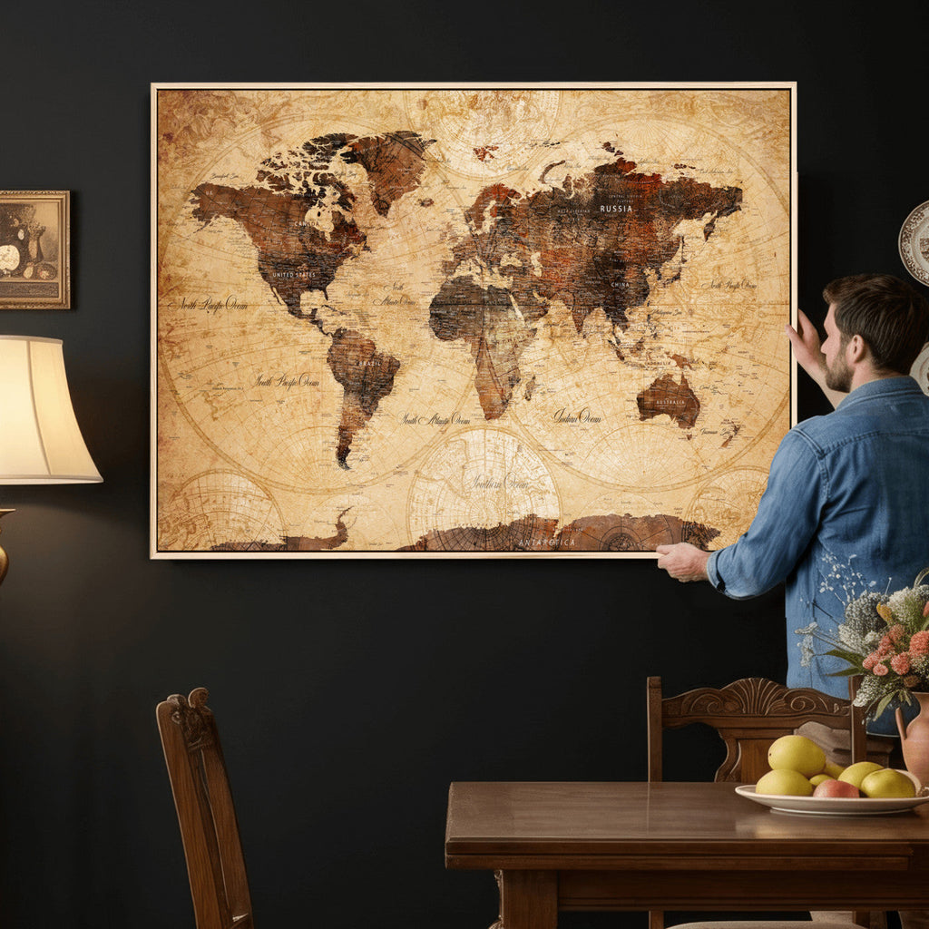 Modern Red and Gray World Map Canvas Print | Framed Wall Art