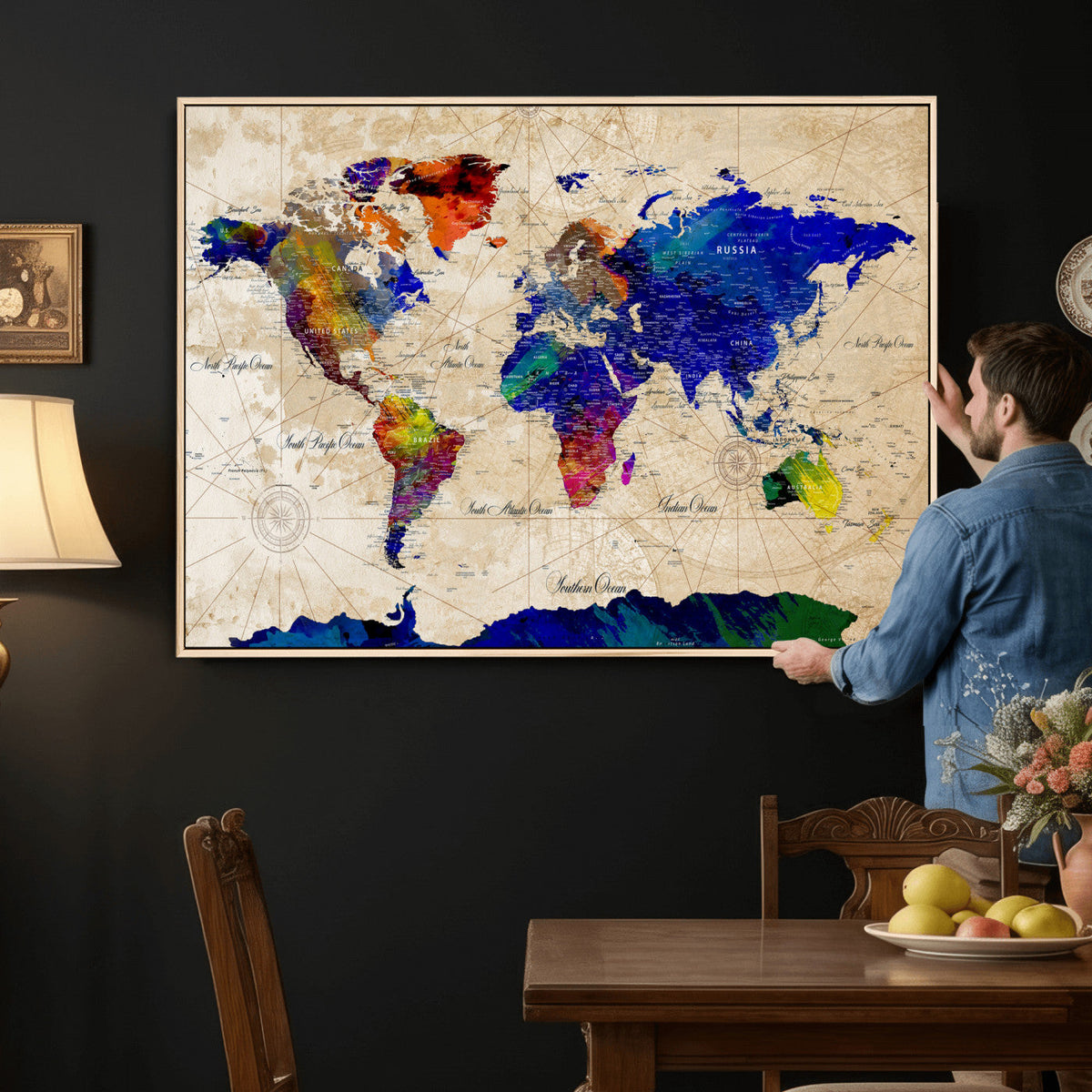 Watercolor World Map Canvas Print | Framed Wall Art for Couples