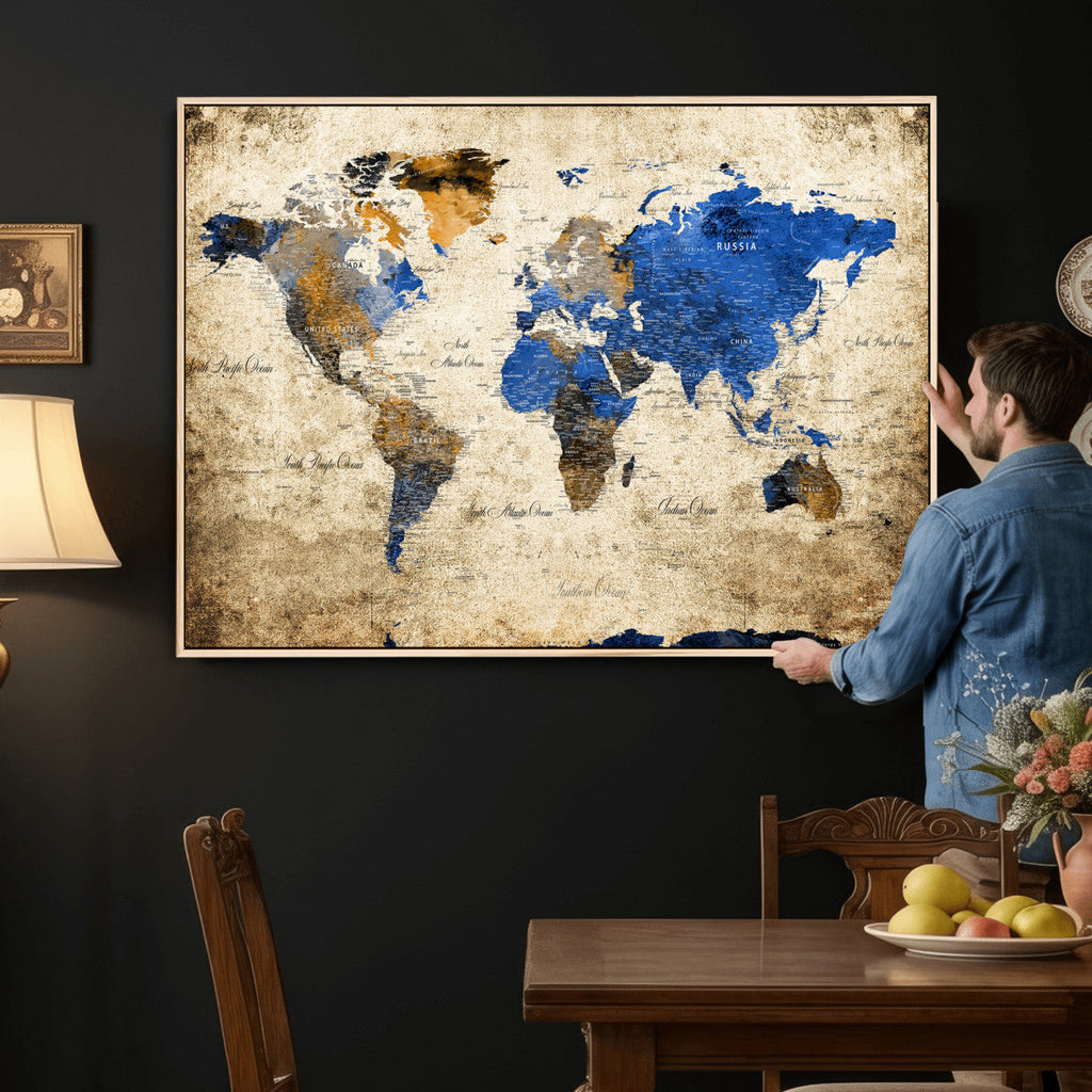 World Map Canvas Print | Colorful Abstract Travel Map, Framed Wall Art