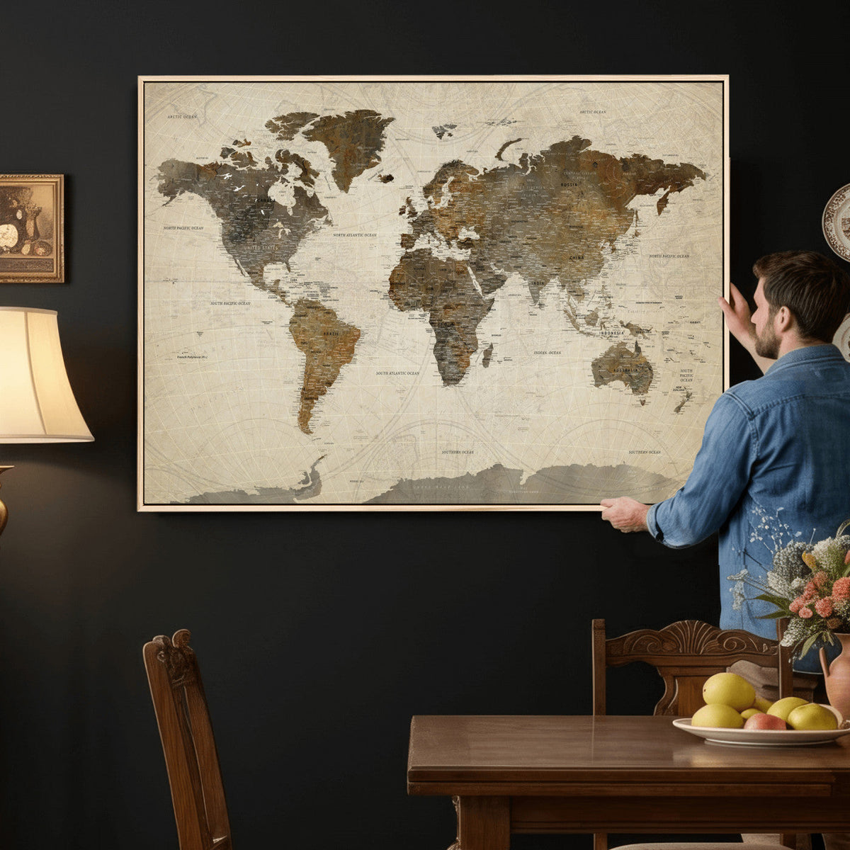 Vintage World Map Canvas Wall Art | Framed Antique Style Travel Map