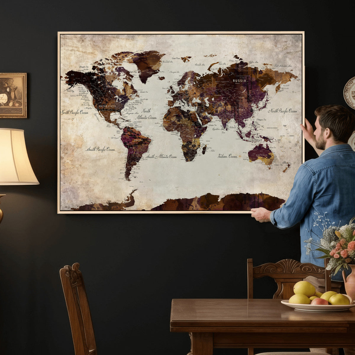 World Map Canvas Triptych | Colorful Global Wall Art for Living Rooms