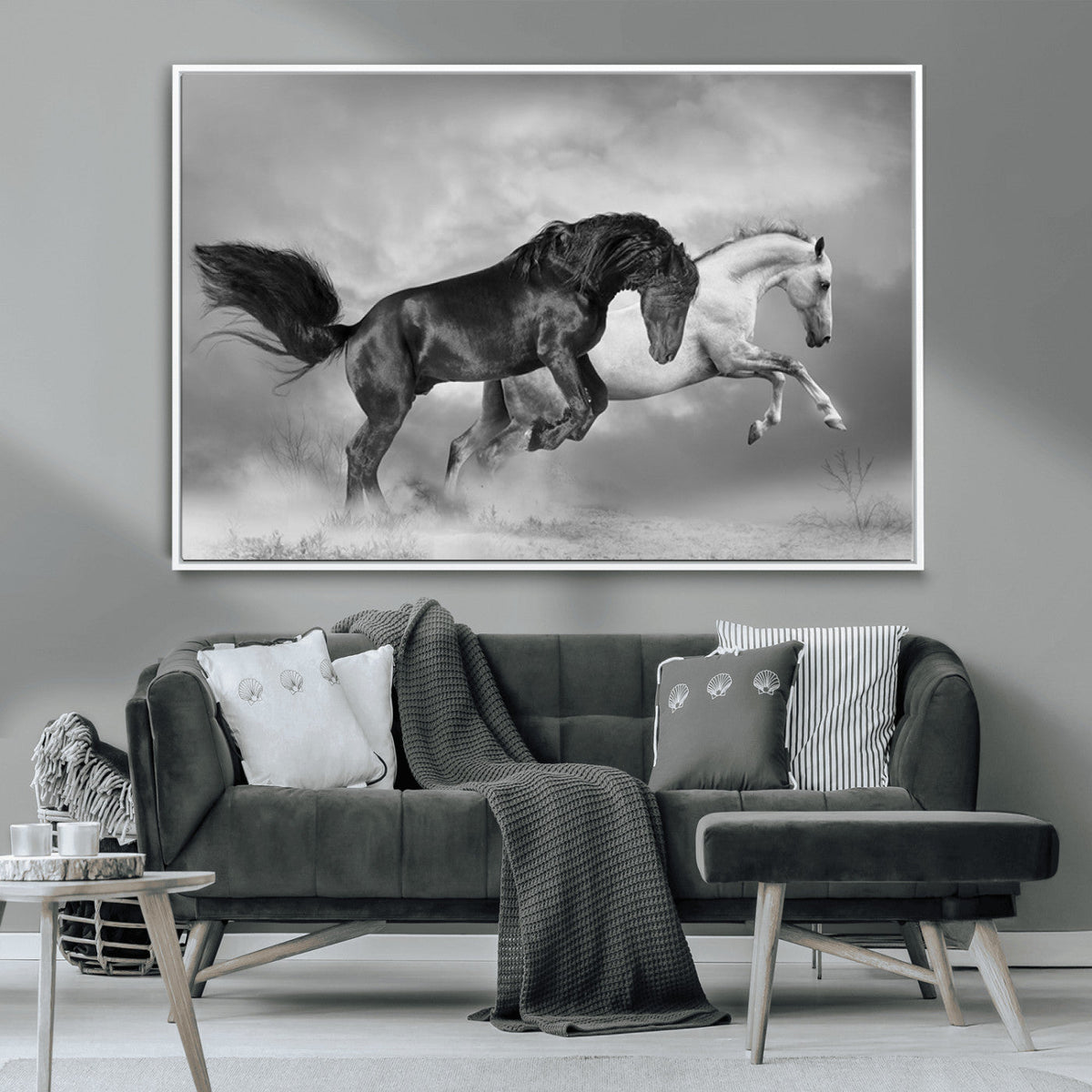 Wild Horses Wall Art Canvas Print, Framed Black and White Galloping Horses