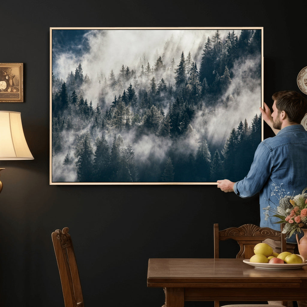 Foggy Mountain Forest Canvas Print, Misty Pine Trees Nature Wall Art