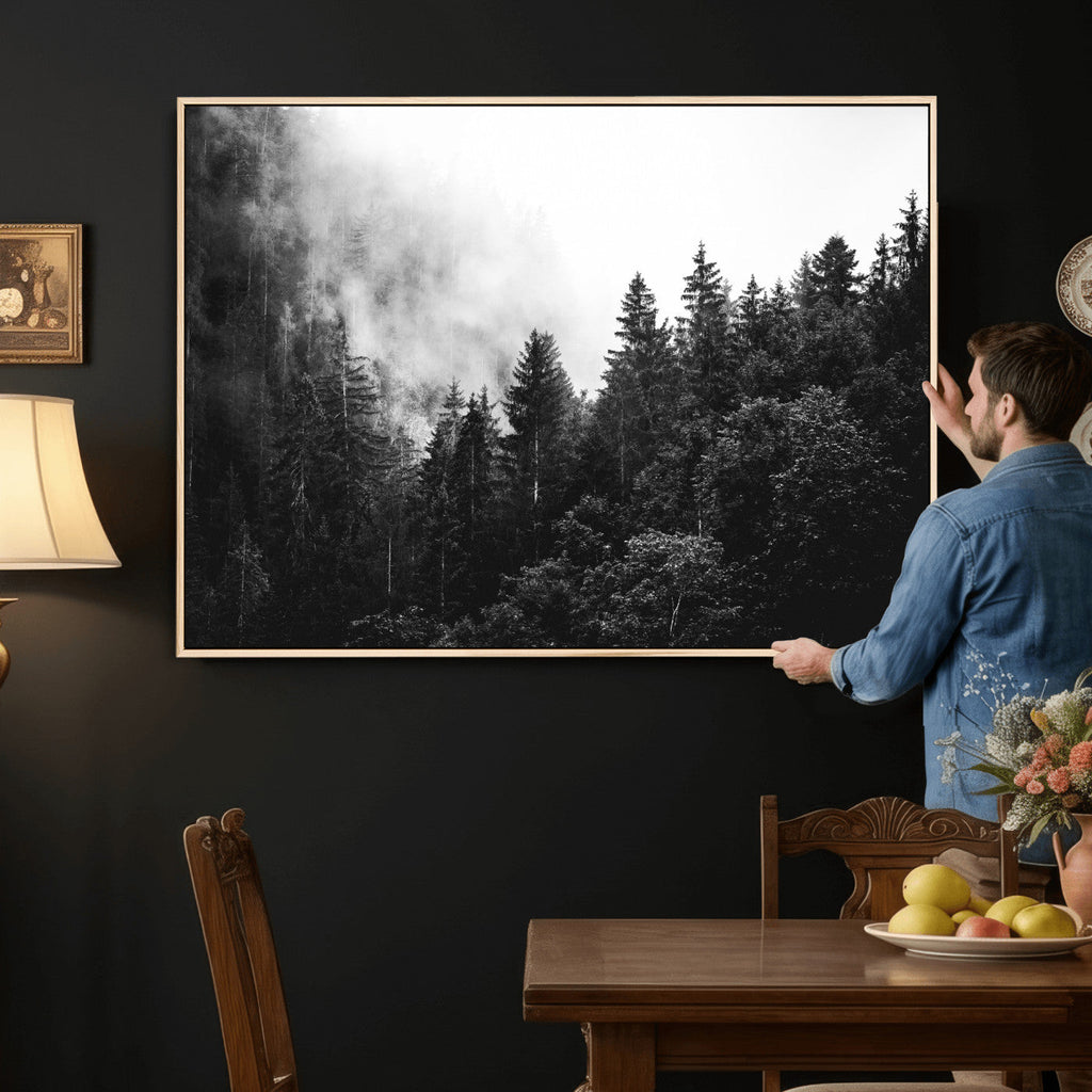 Black White Forest Wall Art Canvas Print, Misty Pine Tree Landscape