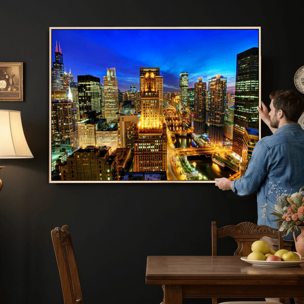 Chicago Wall Art Canvas Print - Chicago City Downtown Night Cityscape