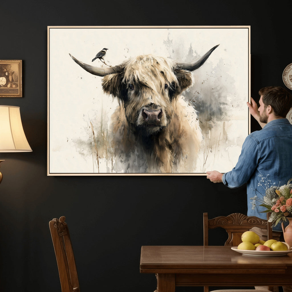 Abstract Highland Cow Wall Art Canvas Print, Rustic Farm Cattle Portrait