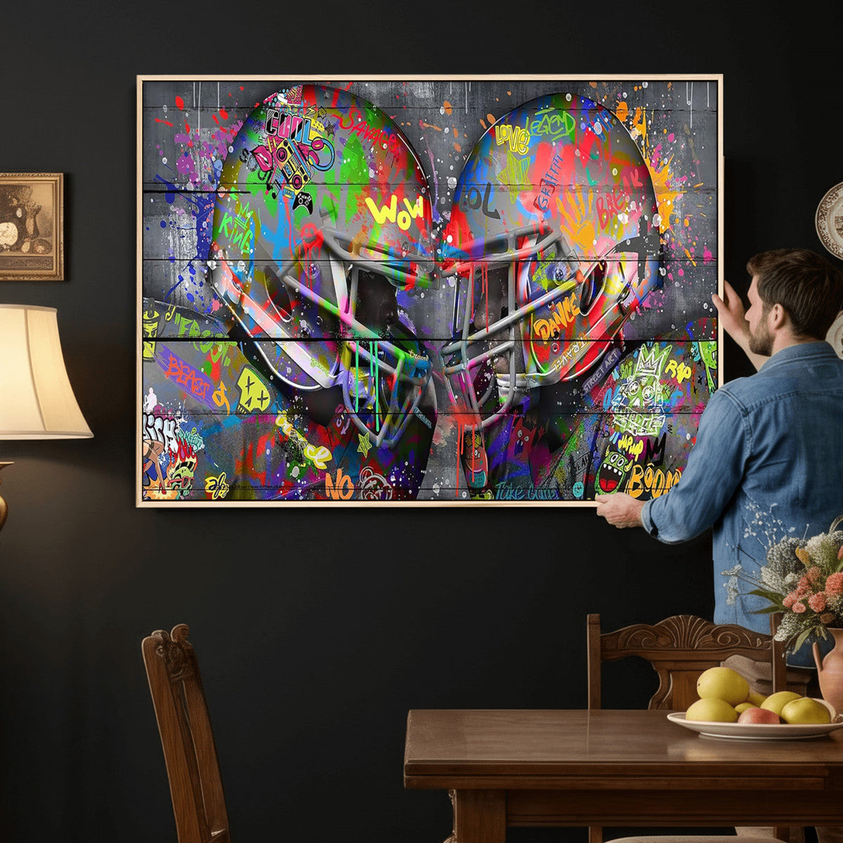 Graffiti Football Helmets Wall Art Canvas Print, Urban Street Art