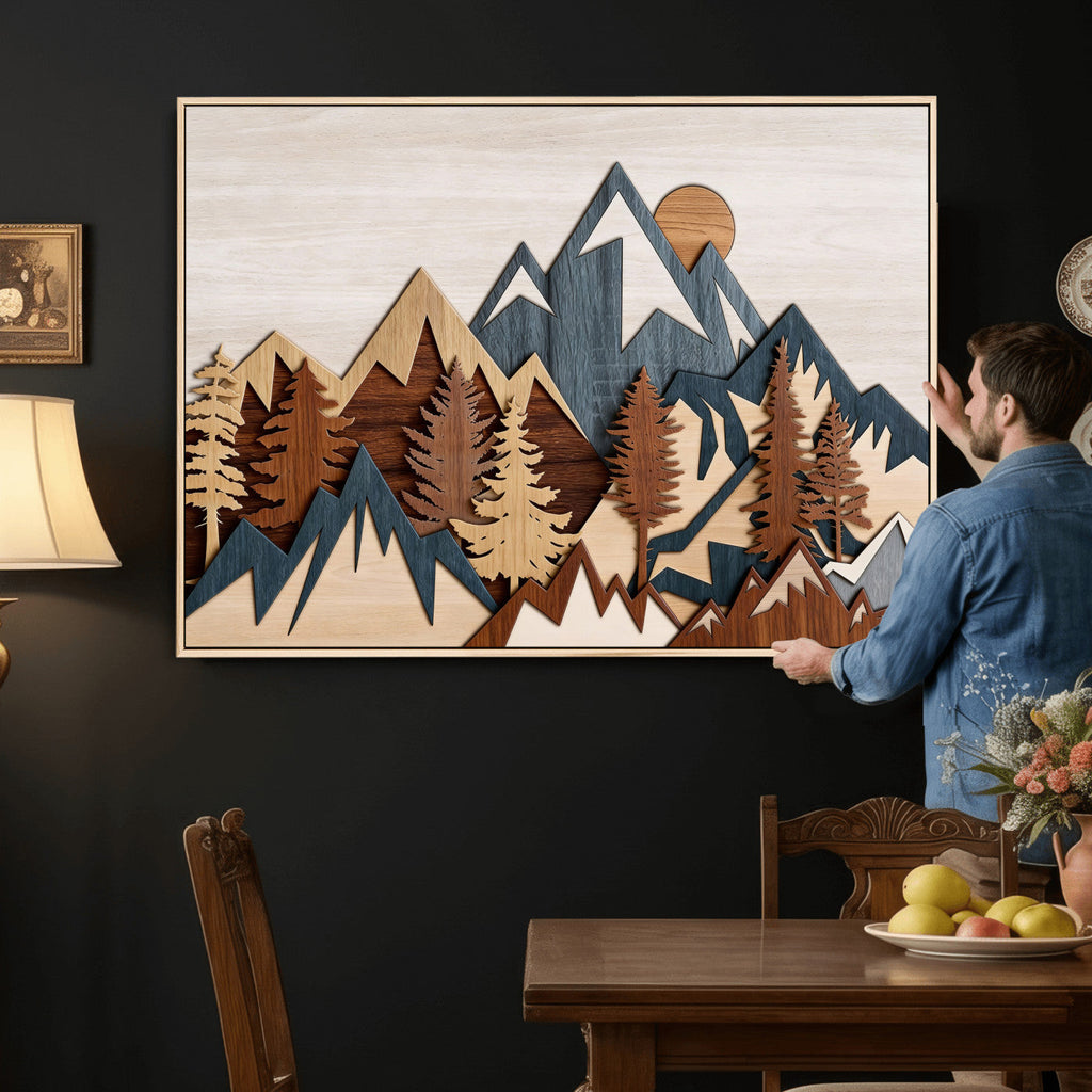 Layered Wooden Mountain Wall Art Canvas Print, Modern Rustic Forest and Pine Landscape