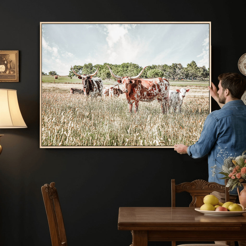 Texas Longhorn Cattle Wall Art Canvas Print, Western Ranch Landscape Decor