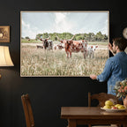 Texas Longhorn Cattle Wall Art Canvas Print, Western Ranch Landscape Decor