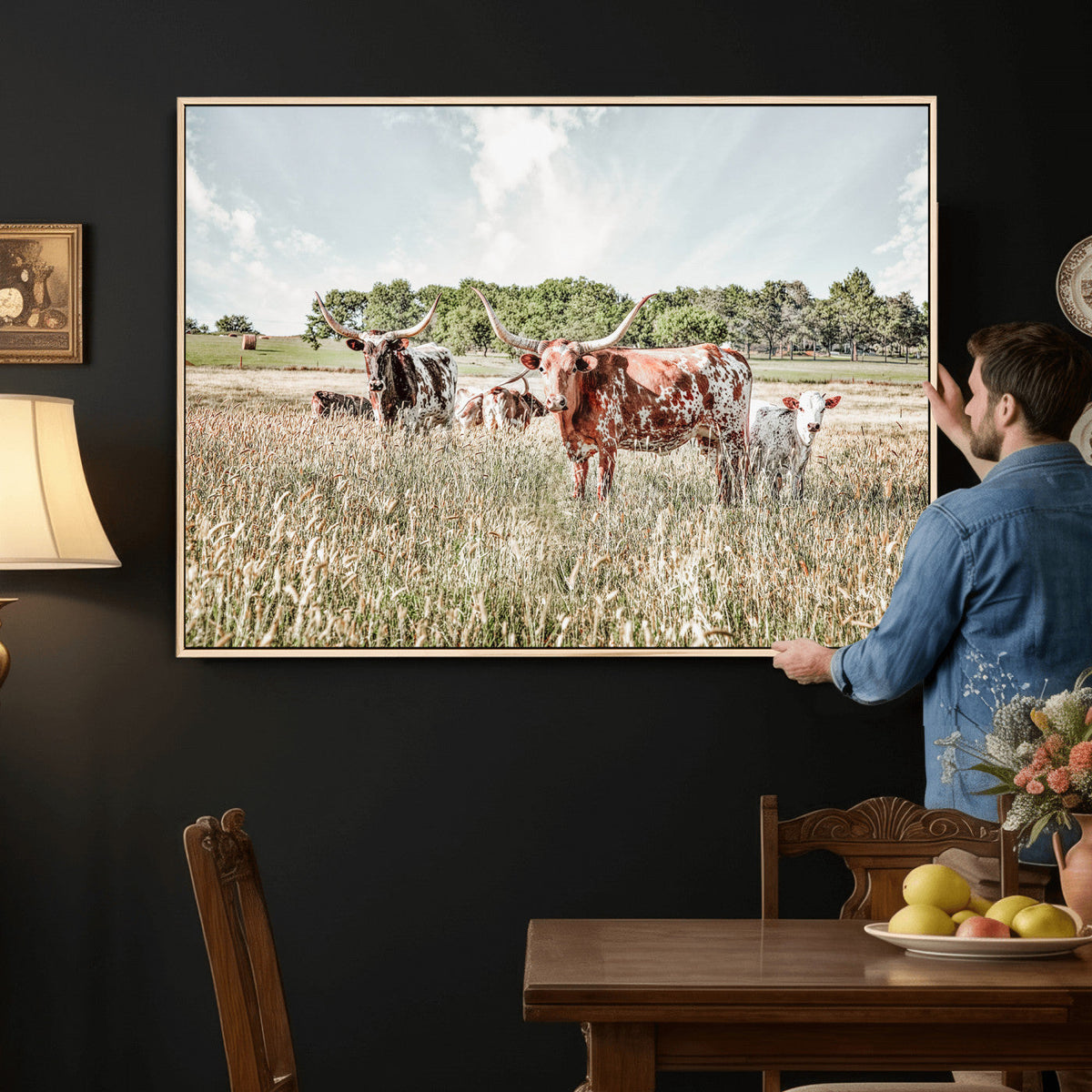 Texas Longhorn Cattle Wall Art Canvas Print, Western Ranch Landscape Decor