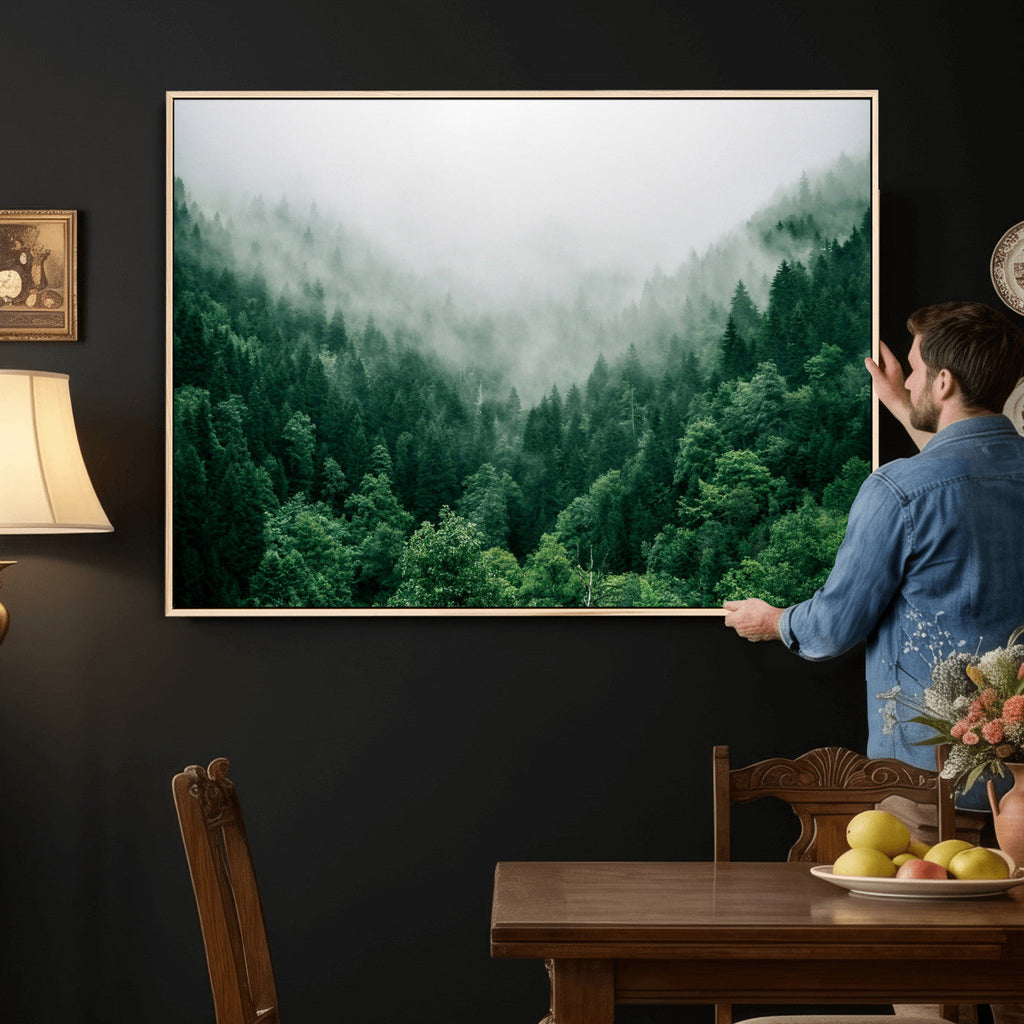 Misty Pine Forest Wall Art Canvas Print, Foggy Evergreen Landscape