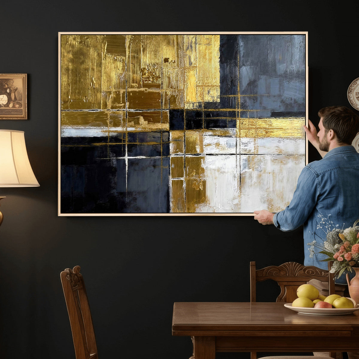 Gold Navy Abstract Wall Art Canvas Print, Modern Luxury Geometric Art for Living Room and Office