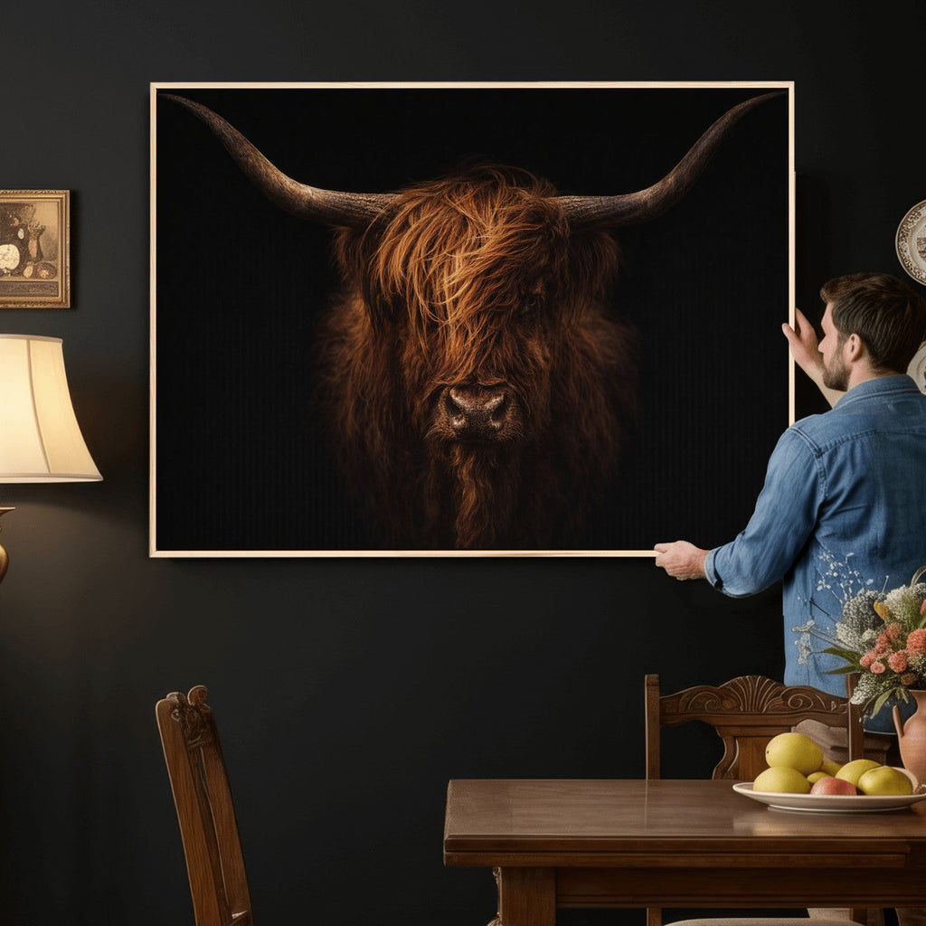 Highland Cow Wall Art Canvas Print | Moody Dark Rustic Farmhouse Portrait